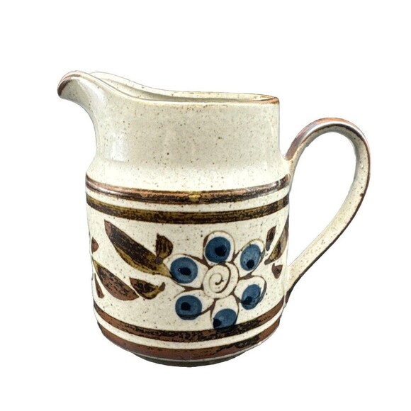 VTG Takahashi Stoneware BROWN w/ BLUE Floral Speckled 6” Pitcher MCM 32oz - Picture 2 of 7